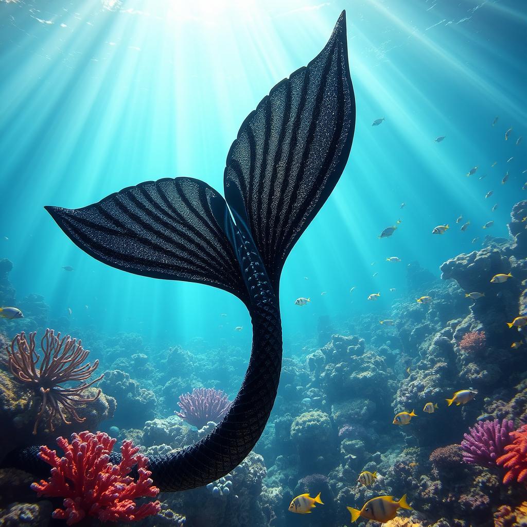 A striking black merman fin underwater, featuring intricate scales that glitter dazzlingly in the sunlight