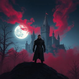 A captivating Procreate 3D style illustration of a grand castle situated on a hill, beautifully illuminated by the light of a full moon glowing in a clear night sky