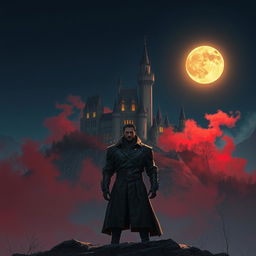 A captivating Procreate 3D style illustration of a grand castle situated on a hill, beautifully illuminated by the light of a full moon glowing in a clear night sky