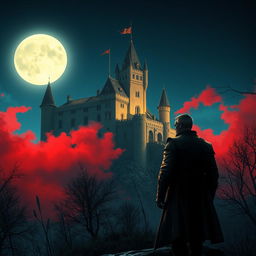 A captivating Procreate 3D style illustration of a grand castle situated on a hill, beautifully illuminated by the light of a full moon glowing in a clear night sky