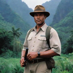 Alan Grant, now employed at Jurassic Park, dressed in the iconic park uniform and armed with a gun for safety, set against the backdrop of the lush Isla Nublar.