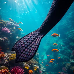 A beautiful black merman fin underwater, showcasing scales that glitter magnificently in the sunlight
