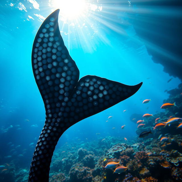 A beautiful black merman fin underwater, showcasing scales that glitter magnificently in the sunlight