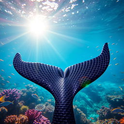 A beautiful black merman fin underwater, showcasing scales that glitter magnificently in the sunlight