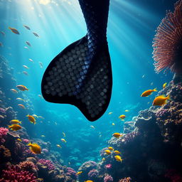 A beautiful black merman fin underwater, showcasing scales that glitter magnificently in the sunlight