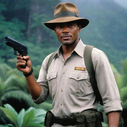 Alan Grant, now employed at Jurassic Park, dressed in the iconic park uniform and armed with a gun for safety, set against the backdrop of the lush Isla Nublar.