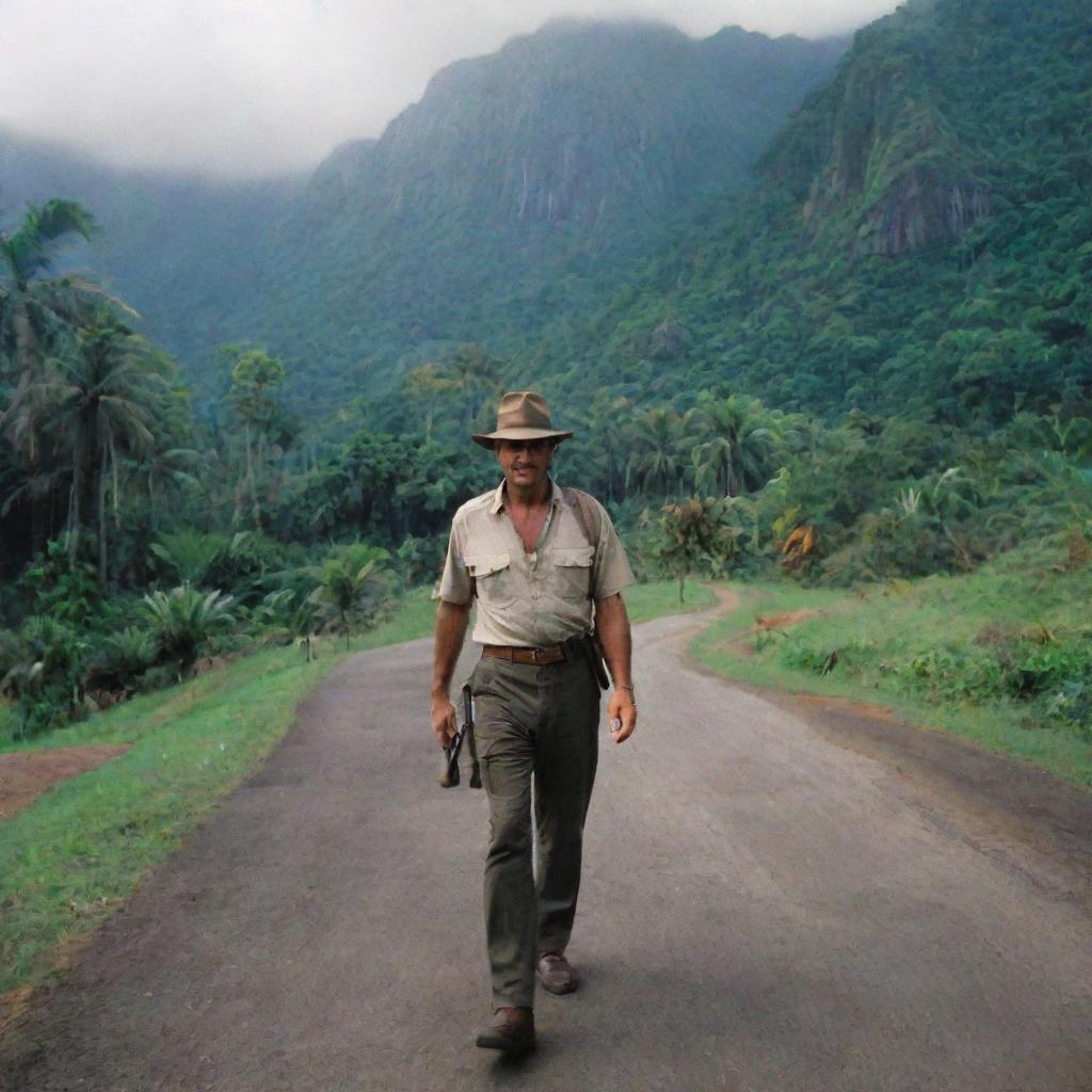 Alan Grant making his way to the control room of Jurassic Park, poised and alert, contrasting the serene and vibrant surroundings of Isla Nublar.