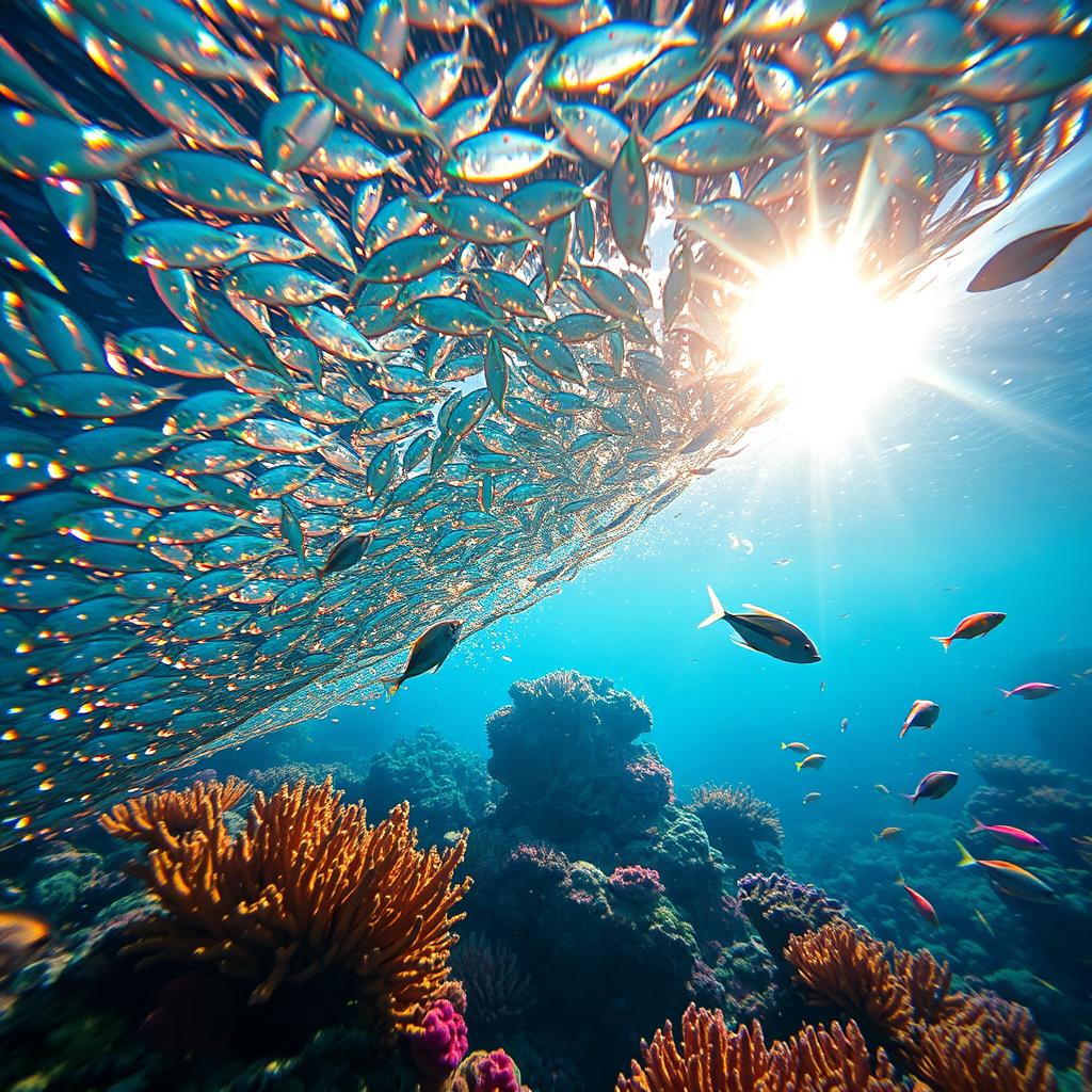 An underwater scene showcasing mesmerizing scales that glitter in the sunlight