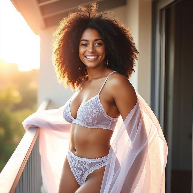 A woman with beautiful natural curls stands on a balcony, elegantly wearing soft lavender transparent lingerie that complements her strong figure