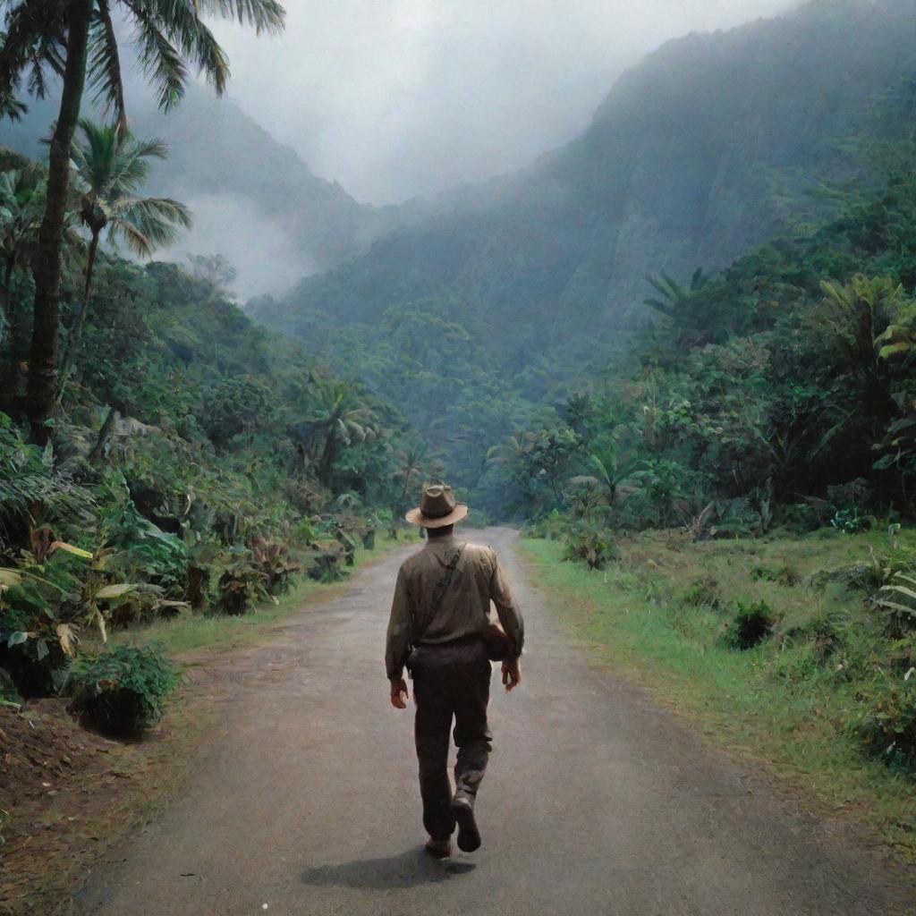 Alan Grant making his way to the control room of Jurassic Park, poised and alert, contrasting the serene and vibrant surroundings of Isla Nublar.