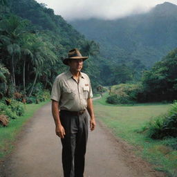 Alan Grant making his way to the control room of Jurassic Park, poised and alert, contrasting the serene and vibrant surroundings of Isla Nublar.