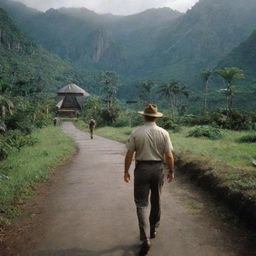 Alan Grant making his way to the control room of Jurassic Park, poised and alert, contrasting the serene and vibrant surroundings of Isla Nublar.