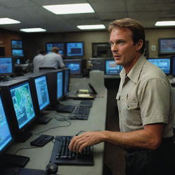 Alan Grant reaching the control room on Isla Nublar, promptly starting up all the computers, amid the high-tech setup of Jurassic Park's nerve center.