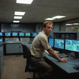 Alan Grant reaching the control room on Isla Nublar, promptly starting up all the computers, amid the high-tech setup of Jurassic Park's nerve center.