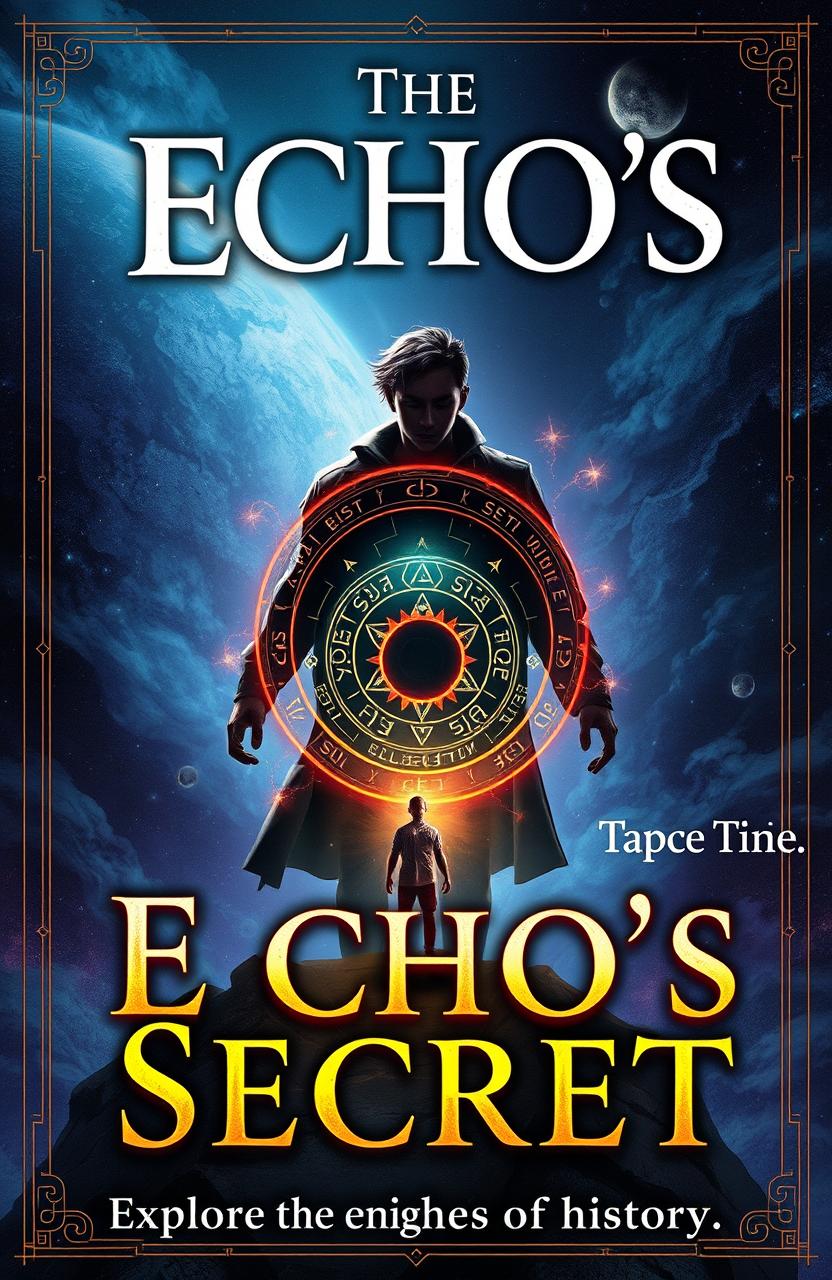 A captivating book cover for 'The Echo's Secret' by PencilPioneer, featuring the mysterious Echo artifact at the center, glowing with ancient runes and symbols