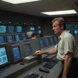 Alan Grant reaching the control room on Isla Nublar, promptly starting up all the computers, amid the high-tech setup of Jurassic Park's nerve center.