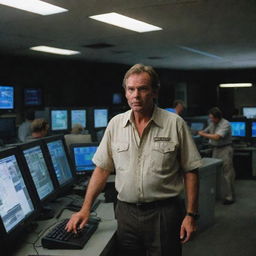 Alan Grant reaching the control room on Isla Nublar, promptly starting up all the computers, amid the high-tech setup of Jurassic Park's nerve center.