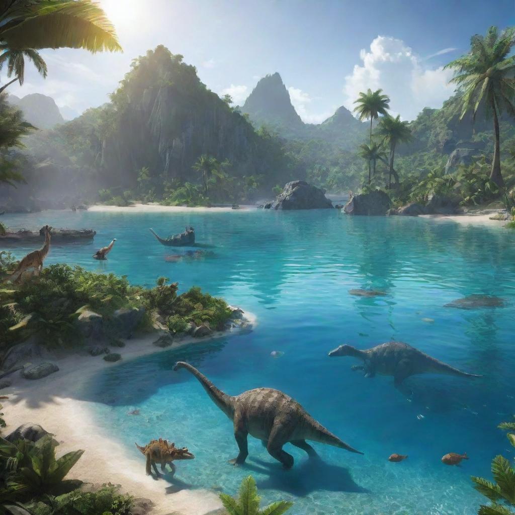 An untouched Island in the Jurassic era teeming with diverse vegetation, surrounded by crystal clear water, and dinosaurs roaming in the background under a warm, prehistoric sun.