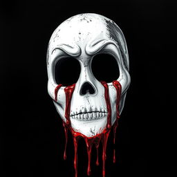 A captivating professional drawing style illustration featuring a dirty white mask, hauntingly devoid of a mouth, set against a stark black background
