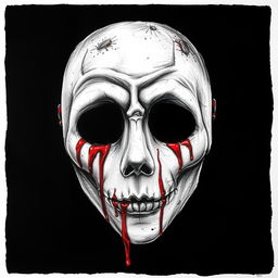 A captivating professional drawing style illustration featuring a dirty white mask, hauntingly devoid of a mouth, set against a stark black background