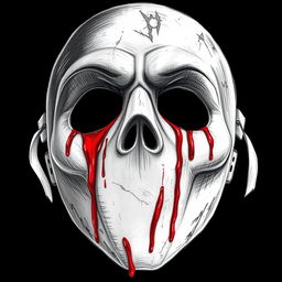 A captivating professional drawing style illustration featuring a dirty white mask, hauntingly devoid of a mouth, set against a stark black background