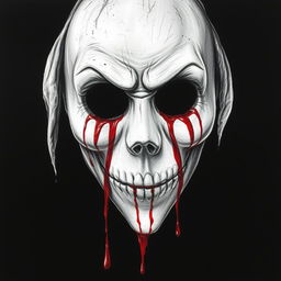 A captivating professional drawing style illustration featuring a dirty white mask, hauntingly devoid of a mouth, set against a stark black background