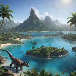 An untouched Island in the Jurassic era teeming with diverse vegetation, surrounded by crystal clear water, and dinosaurs roaming in the background under a warm, prehistoric sun.