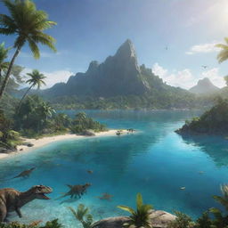 An untouched Island in the Jurassic era teeming with diverse vegetation, surrounded by crystal clear water, and dinosaurs roaming in the background under a warm, prehistoric sun.