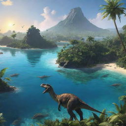 An untouched Island in the Jurassic era teeming with diverse vegetation, surrounded by crystal clear water, and dinosaurs roaming in the background under a warm, prehistoric sun.