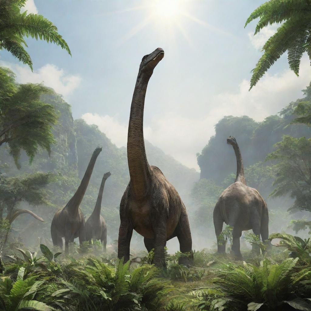 A serene scene of a herd of Brachiosaurus munching on towering, lush, green plants, their long necks reaching toward the sky on a sunny prehistoric day.