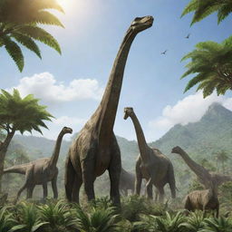 A serene scene of a herd of Brachiosaurus munching on towering, lush, green plants, their long necks reaching toward the sky on a sunny prehistoric day.