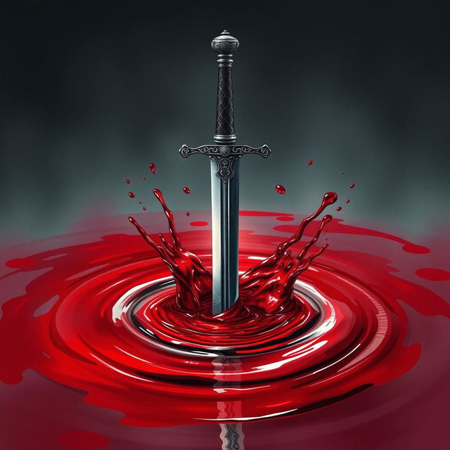 A dramatic and powerful illustration of a sword that has been thrown onto a pool of bloody water, creating ripples and splashes around it