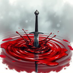 A dramatic and powerful illustration of a sword that has been thrown onto a pool of bloody water, creating ripples and splashes around it