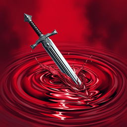A dramatic and powerful illustration of a sword that has been thrown onto a pool of bloody water, creating ripples and splashes around it