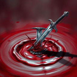 A dramatic and powerful illustration of a sword that has been thrown onto a pool of bloody water, creating ripples and splashes around it