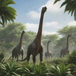 A serene scene of a herd of Brachiosaurus munching on towering, lush, green plants, their long necks reaching toward the sky on a sunny prehistoric day.