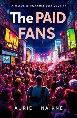 A captivating book cover for "The Paid Fans" featuring a dynamic, urban scene with a vibrant crowd of diverse people gathered around a stage