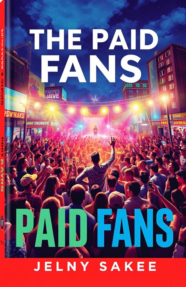 A captivating book cover for "The Paid Fans" featuring a dynamic, urban scene with a vibrant crowd of diverse people gathered around a stage