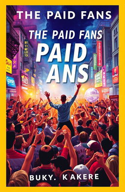 A captivating book cover for "The Paid Fans" featuring a dynamic, urban scene with a vibrant crowd of diverse people gathered around a stage