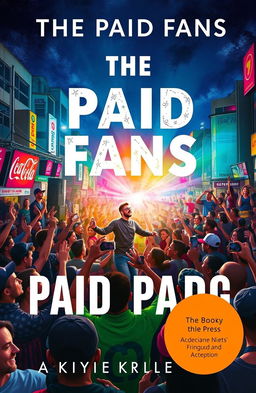 A captivating book cover for "The Paid Fans" featuring a dynamic, urban scene with a vibrant crowd of diverse people gathered around a stage