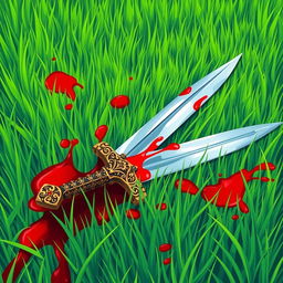 An evocative illustration of a sword that has been thrown onto a vibrant green grass field, with vivid red blood staining the blades of grass around it