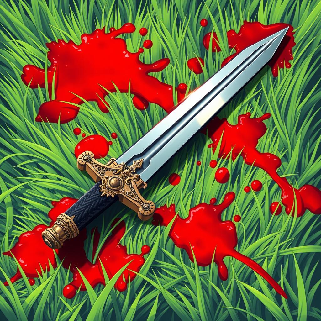 An evocative illustration of a sword that has been thrown onto a vibrant green grass field, with vivid red blood staining the blades of grass around it