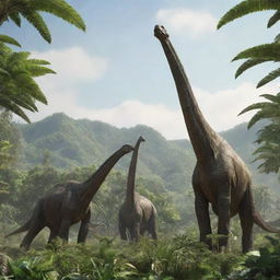 A serene scene of a herd of Brachiosaurus munching on towering, lush, green plants, their long necks reaching toward the sky on a sunny prehistoric day.