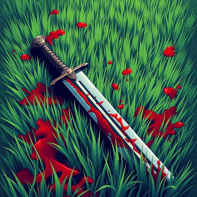 An evocative illustration of a sword that has been thrown onto a vibrant green grass field, with vivid red blood staining the blades of grass around it