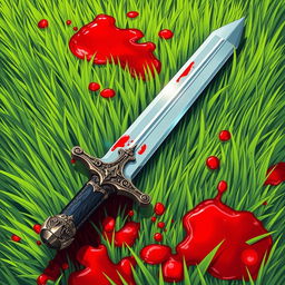 An evocative illustration of a sword that has been thrown onto a vibrant green grass field, with vivid red blood staining the blades of grass around it