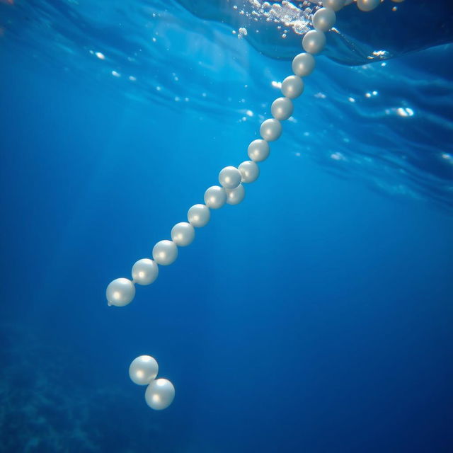 A captivating scene of a pearl necklace sinking gracefully underwater, shimmering and reflecting light as it descends