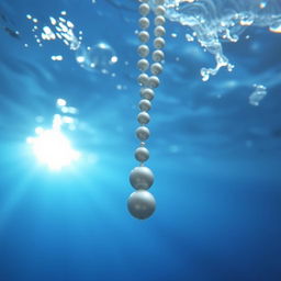 A captivating scene of a pearl necklace sinking gracefully underwater, shimmering and reflecting light as it descends