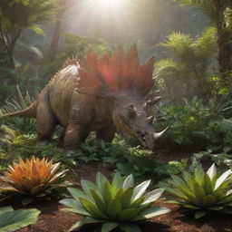 A cluster of Stegosaurus feasting on abundant foliage, their distinctive plates and spikes gleaming in the radiant Jurassic sunlight.