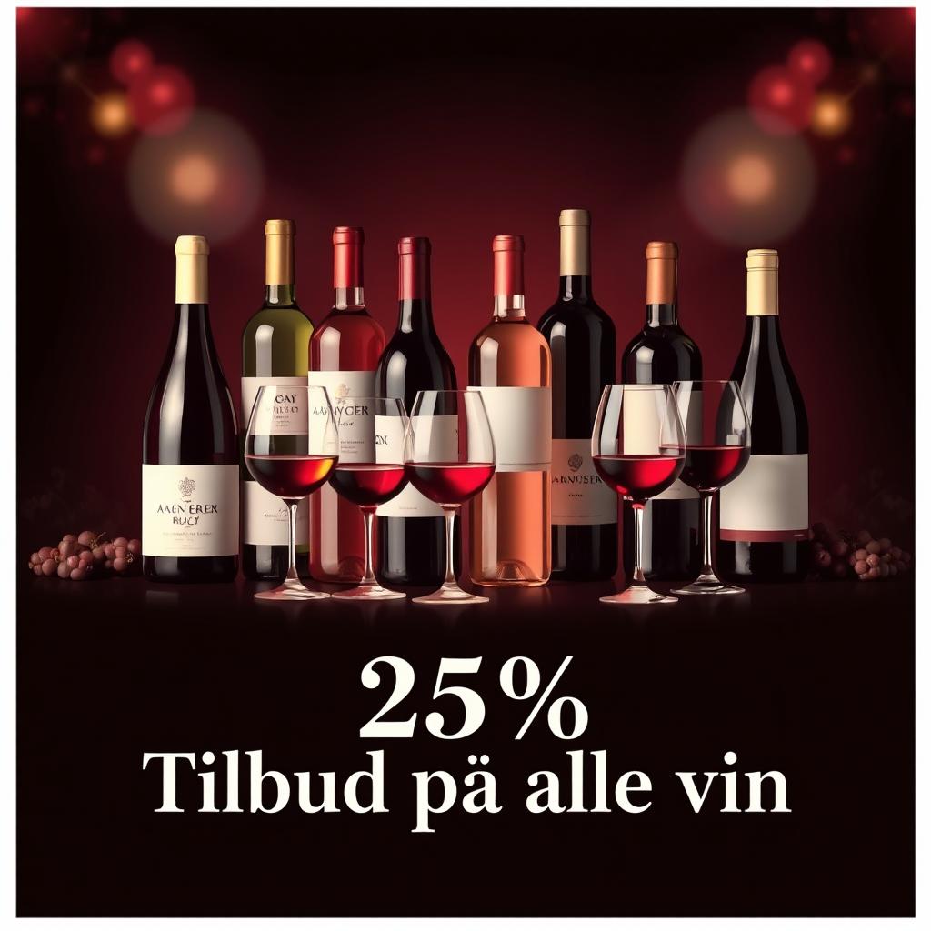 A visually appealing and elegant promotional poster showcasing a 25% discount on all wines