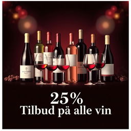 A visually appealing and elegant promotional poster showcasing a 25% discount on all wines